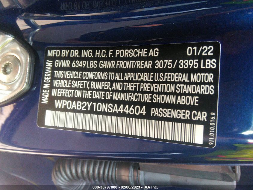 2022 PORSCHE TAYCAN 4S WP0AB2Y10NSA44604