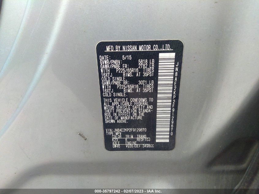 2015 NISSAN QUEST SV/S/PLATINUM/SL - JN8AE2KP2F9129670