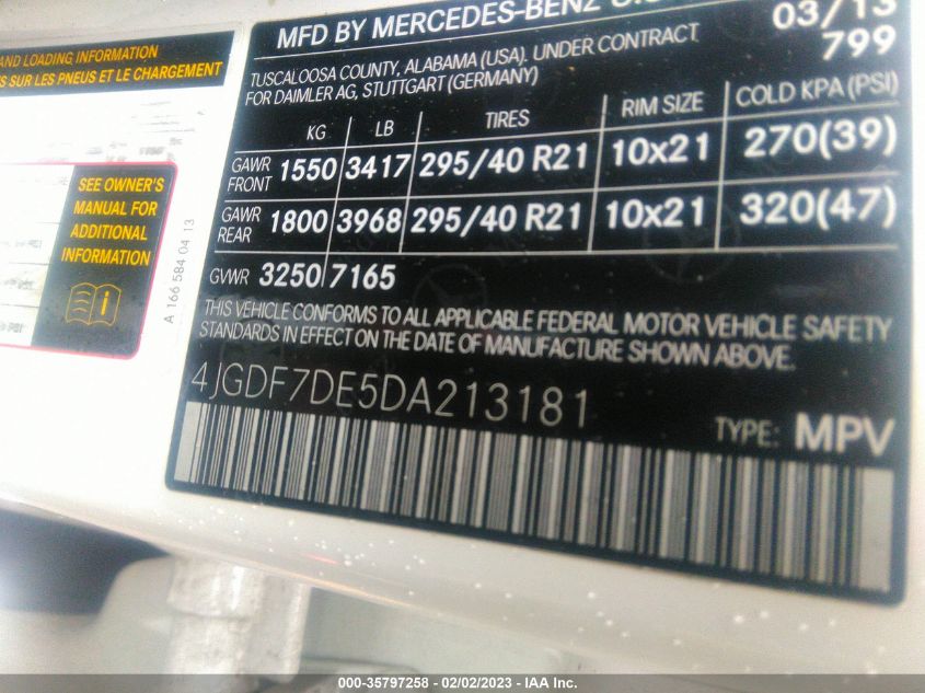 2013 MERCEDES-BENZ GL-CLASS GL 550 4JGDF7DE5DA213181