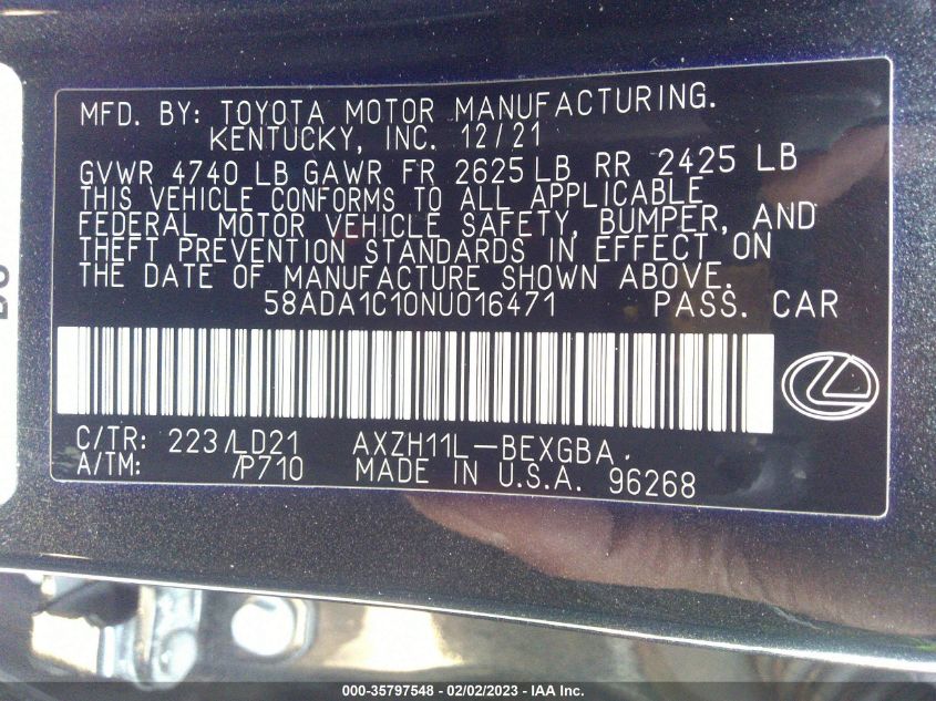 2022 LEXUS ES ES 300H - 58ADA1C10NU016471