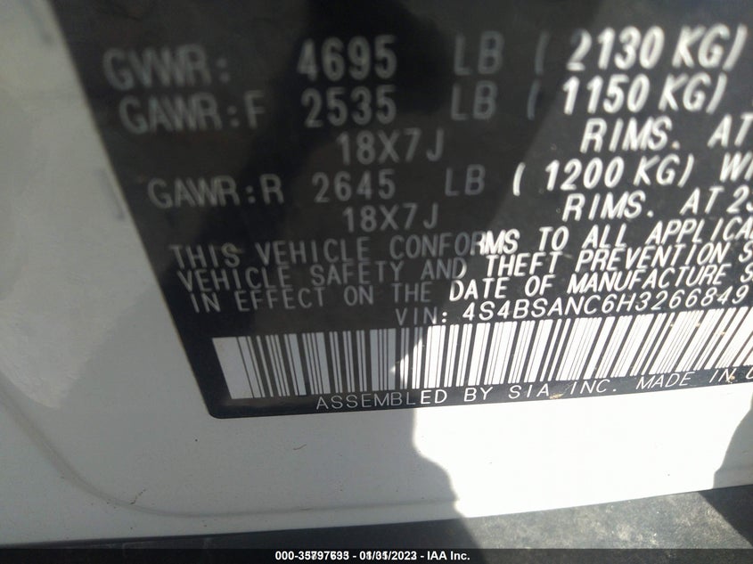 VIN 4S4BSANC6H3266849 2017 SUBARU OUTBACK LIMITED