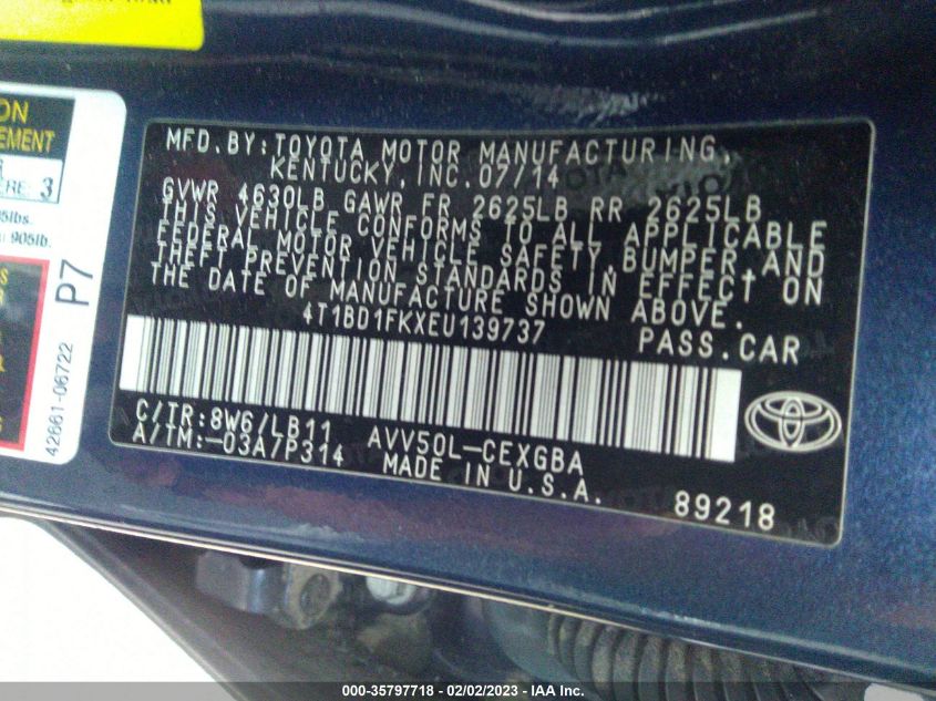 2014 TOYOTA CAMRY HYBRID LE/XLE/SE LIMITED EDITION 4T1BD1FKXEU139737