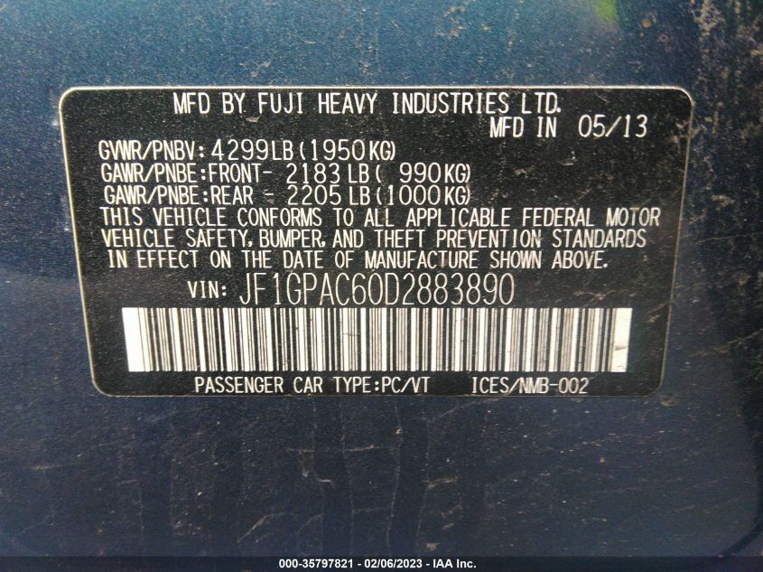 2013 SUBARU IMPREZA WAGON 2.0I PREMIUM - JF1GPAC60D2883890