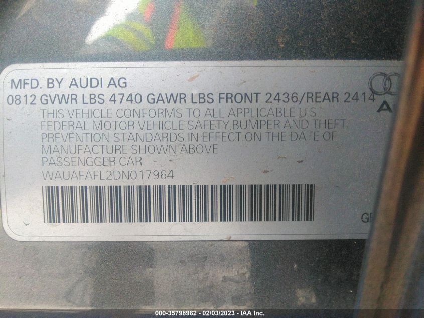 2013 AUDI A4 PREMIUM - WAUAFAFL2DN017964