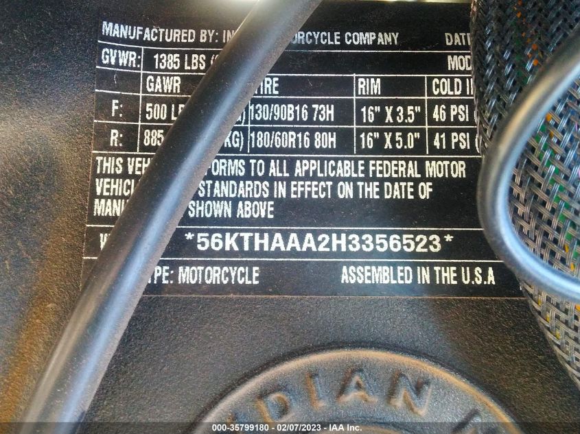 2017 INDIAN MOTORCYCLE CO. SPRINGFIELD 56KTHAAA2H3356523