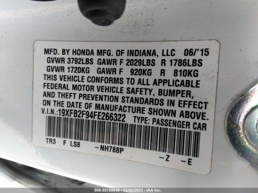 2015 HONDA CIVIC SEDAN EX-L 19XFB2F94FE266322