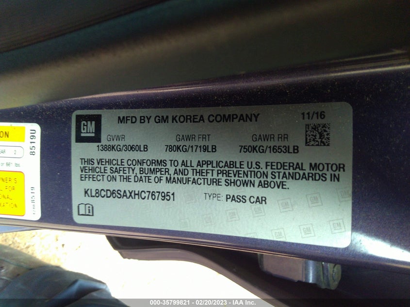 VIN KL8CD6SAXHC767951 2017 CHEVROLET SPARK LT