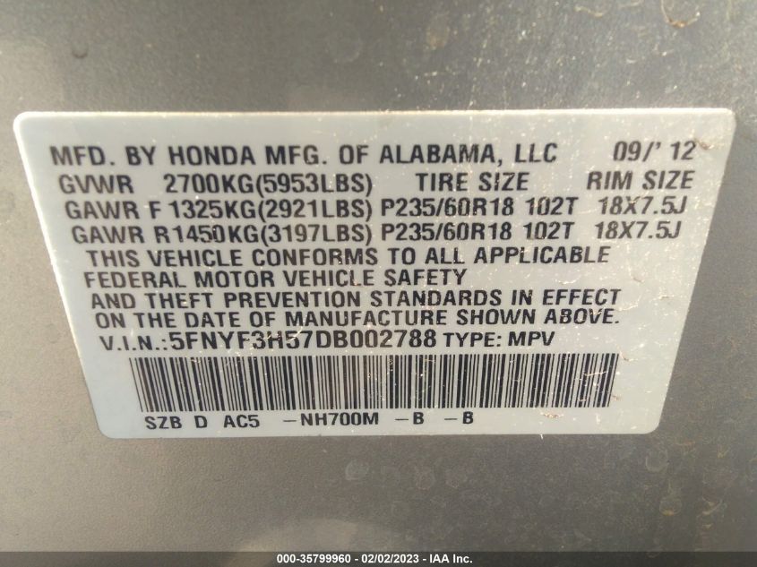 2013 HONDA PILOT EX-L - 5FNYF3H57DB002788