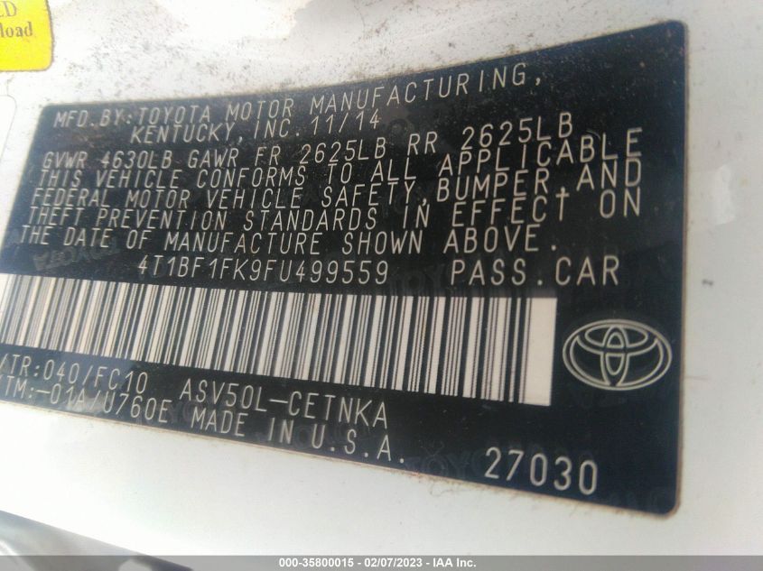 2015 TOYOTA CAMRY SE - 4T1BF1FK9FU499559
