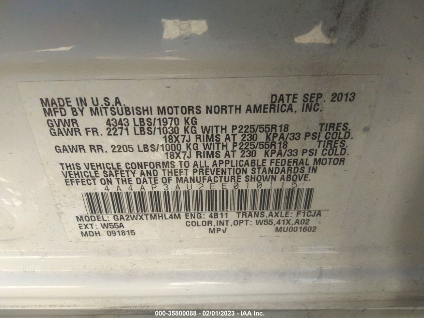 2014 MITSUBISHI OUTLANDER SPORT ES 4A4AP3AU2EE010115