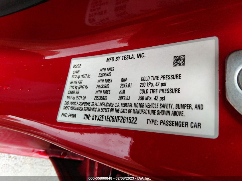 2022 TESLA MODEL 3 PERFORMANCE - 5YJ3E1EC6NF261522
