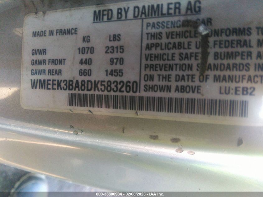 2013 SMART FORTWO PASSION WMEEK3BA8DK583260