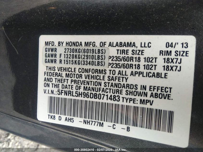 VIN 5FNRL5H96DB071483 2013 HONDA ODYSSEY no.9