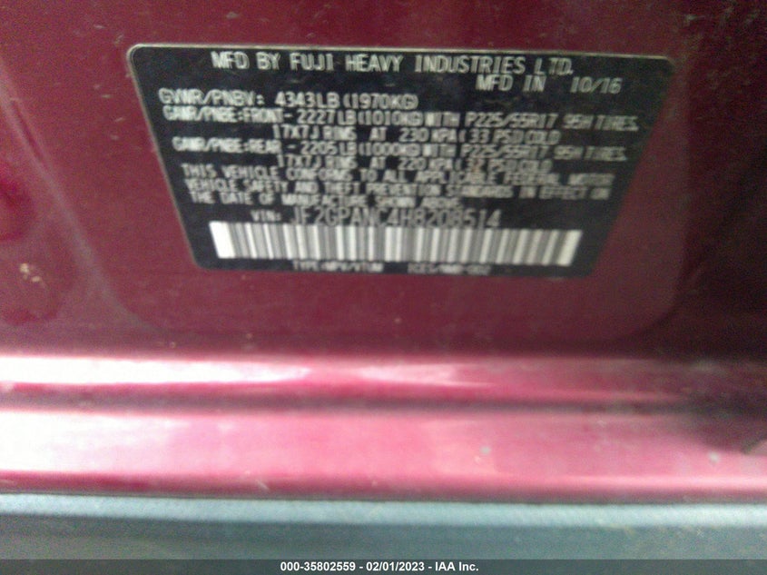 VIN JF2GPANC4H8208514 2017 SUBARU CROSSTREK LIMITED