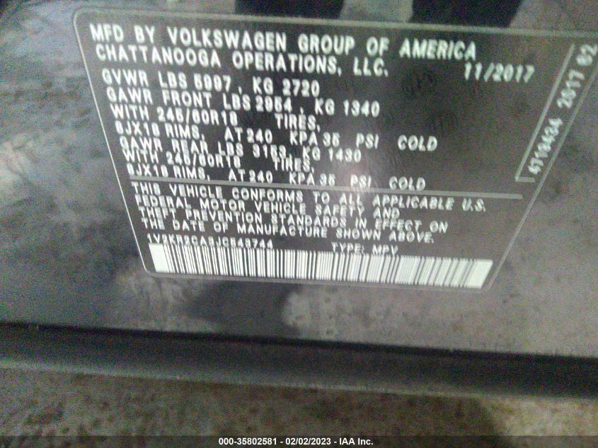 2018 VOLKSWAGEN ATLAS 3.6L V6 SE - 1V2KR2CA3JC543744