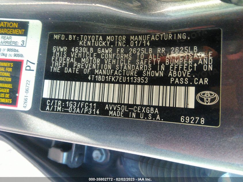 2014 TOYOTA CAMRY HYBRID LE/XLE/SE LIMITED EDITION 4T1BD1FK7EU113953
