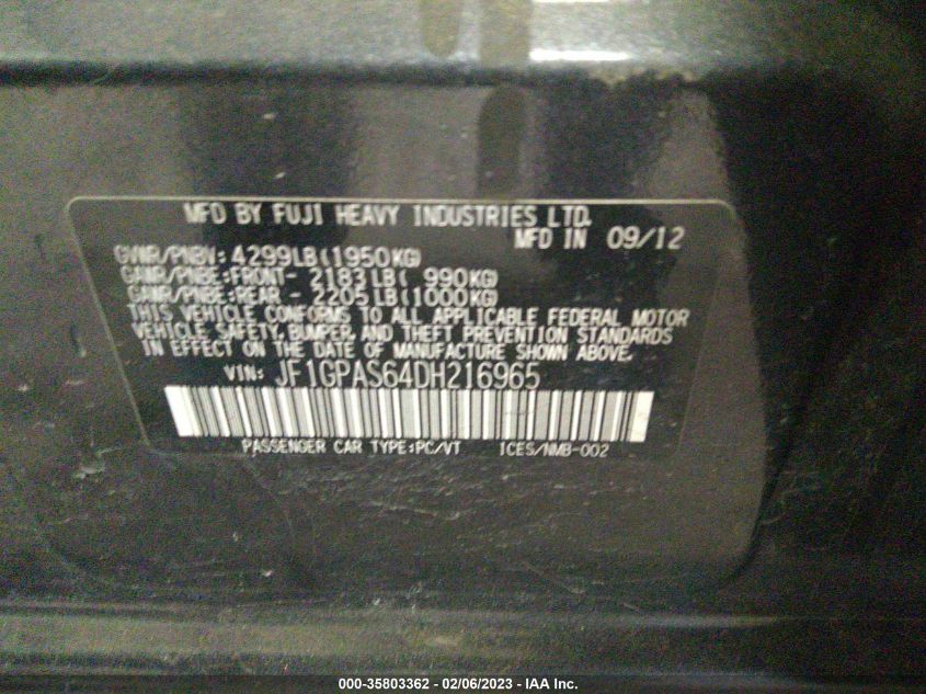 2013 SUBARU IMPREZA WAGON 2.0I SPORT LIMITED - JF1GPAS64DH216965