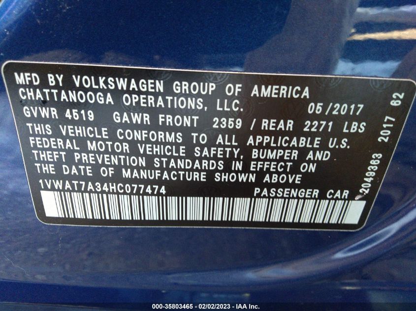 VIN 1VWAT7A34HC077474 2017 VOLKSWAGEN PASSAT no.9