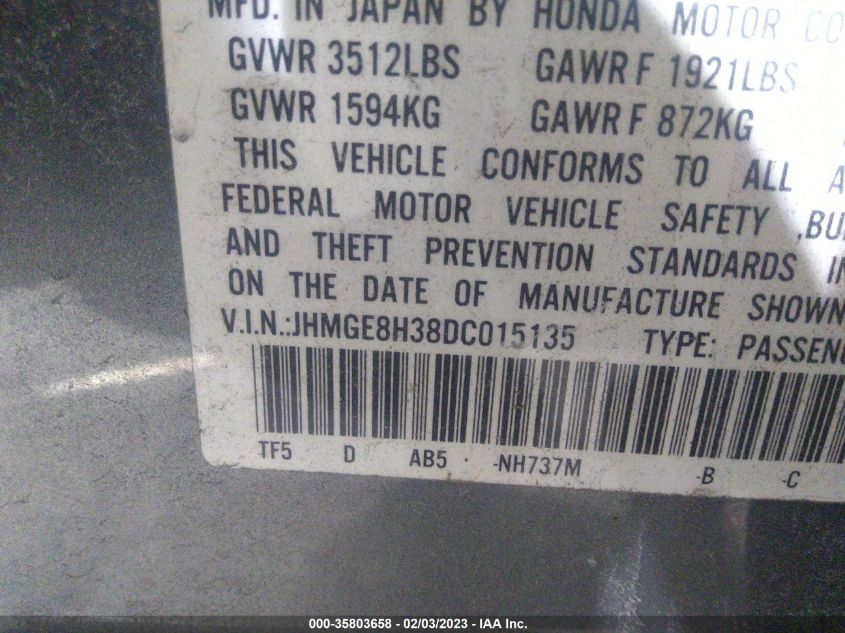 2013 HONDA FIT JHMGE8H38DC015135