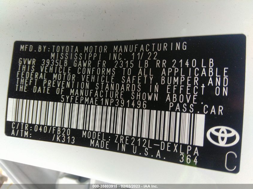 2022 TOYOTA COROLLA LE - 5YFEPMAE1NP391496