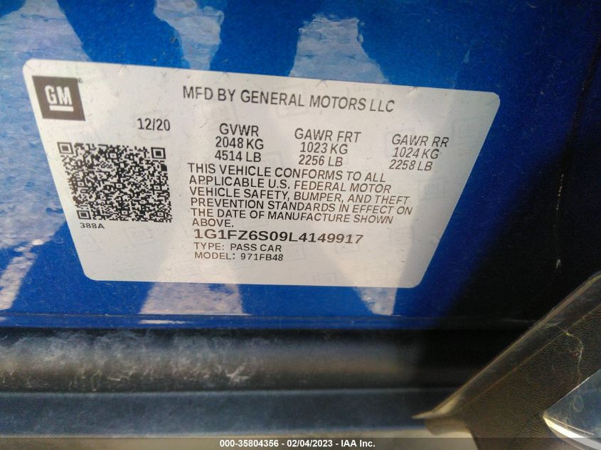2020 CHEVROLET BOLT EV PREMIER 1G1FZ6S09L4149917