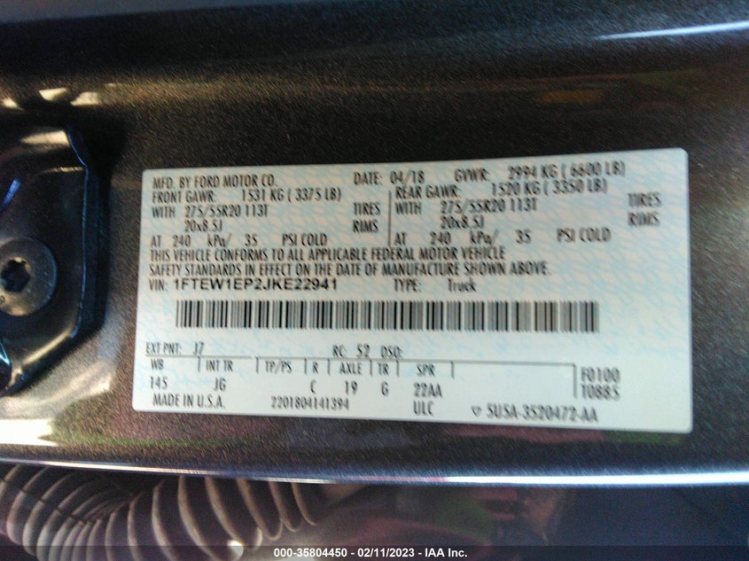 VIN 1FTEW1EP2JKE22941 2018 FORD F-150 XL/XLT/LARIAT