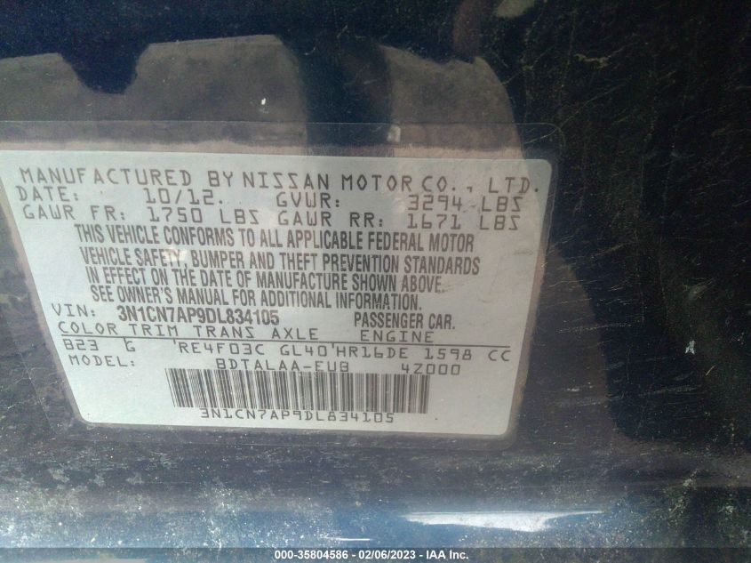 2013 NISSAN VERSA S - 3N1CN7AP9DL834105