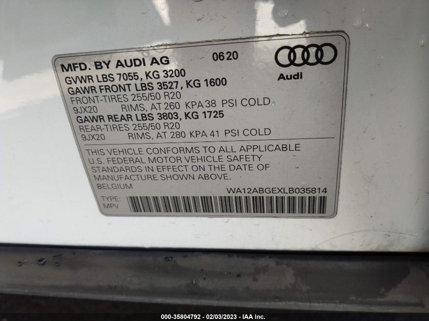 2020 AUDI E-TRON SPORTBACK PREMIUM PLUS WA12ABGEXLB035814