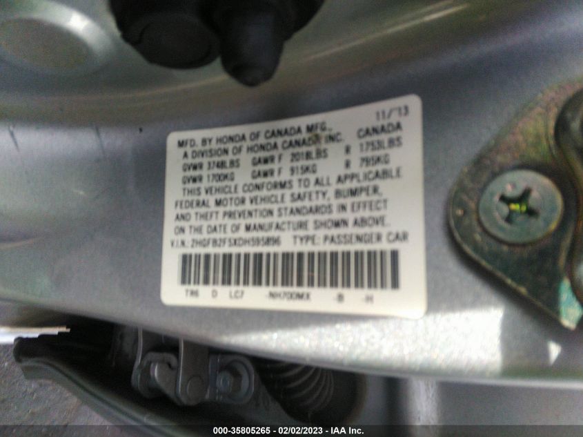 2013 HONDA CIVIC SDN LX 2HGFB2F5XDH595896