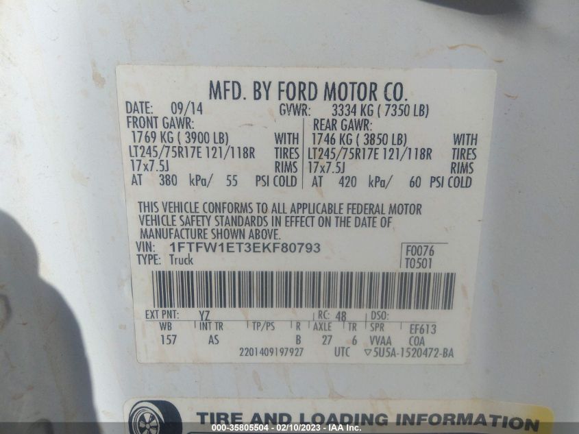 2014 FORD F-150 XL/XLT/FX4/LARIAT 1FTFW1ET3EKF80793