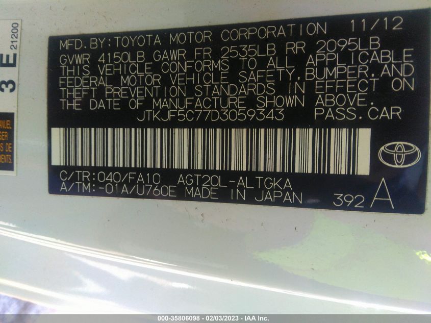 2013 TOYOTA SCION TC JTKJF5C77D3059343