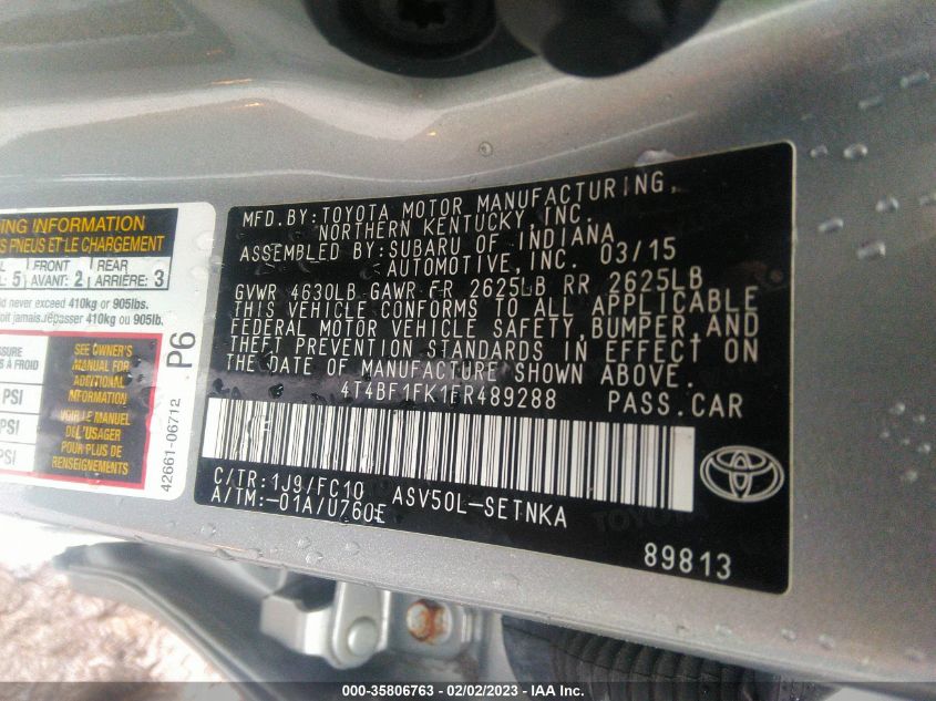 2015 TOYOTA CAMRY XLE/SE/LE/XSE - 4T4BF1FK1FR489288