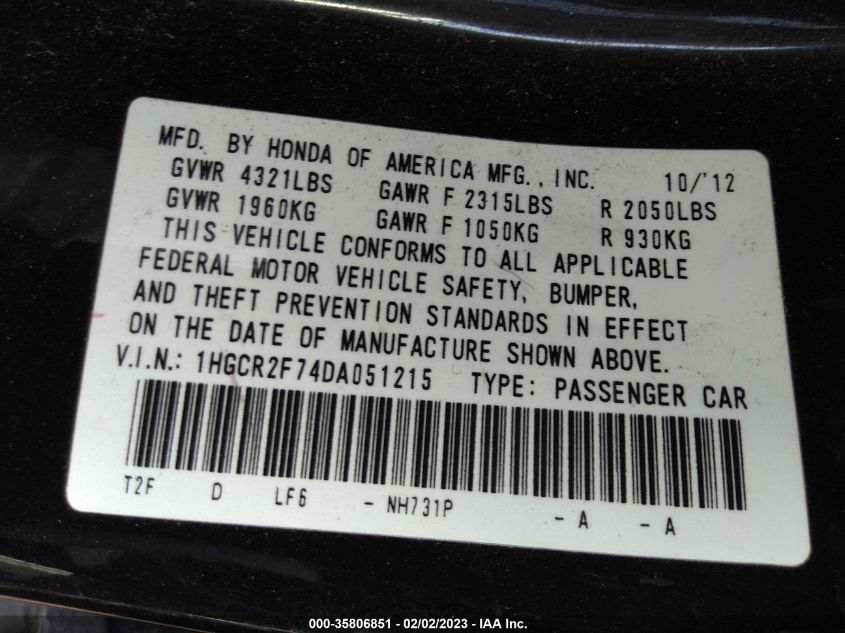 2013 HONDA ACCORD SDN EX - 1HGCR2F74DA051215