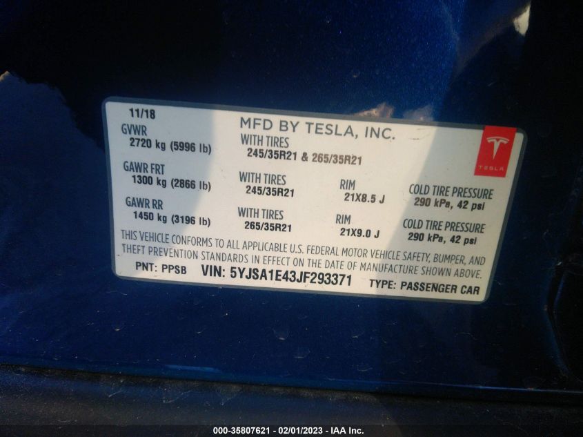 2018 TESLA MODEL S 75D/100D/P100D - 5YJSA1E43JF293371