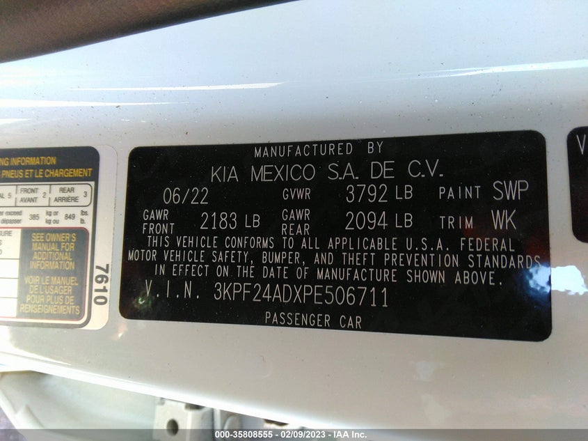 VIN 3KPF24ADXPE506711 2023 KIA FORTE LXS