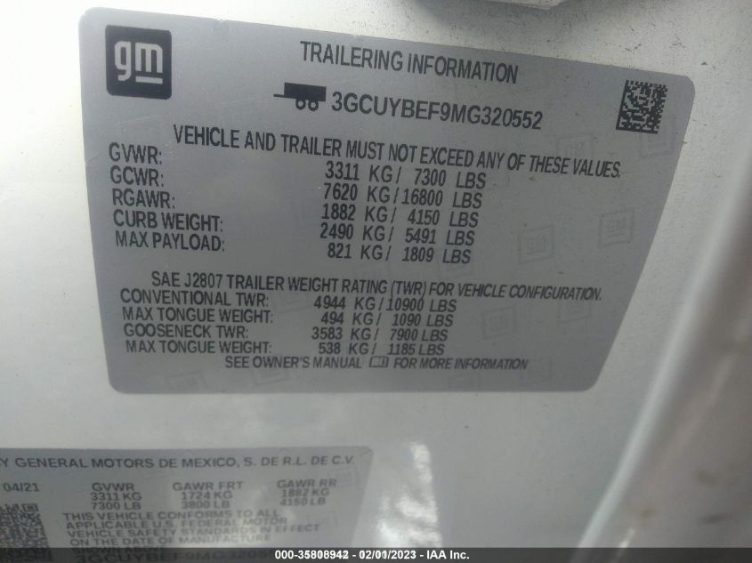 2021 CHEVROLET SILVERADO 1500 CUSTOM 3GCUYBEF9MG320552