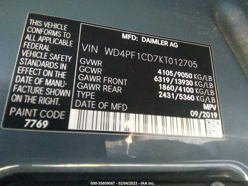 2019 MERCEDES-BENZ SPRINTER VAN WD4PF1CD7KT012705