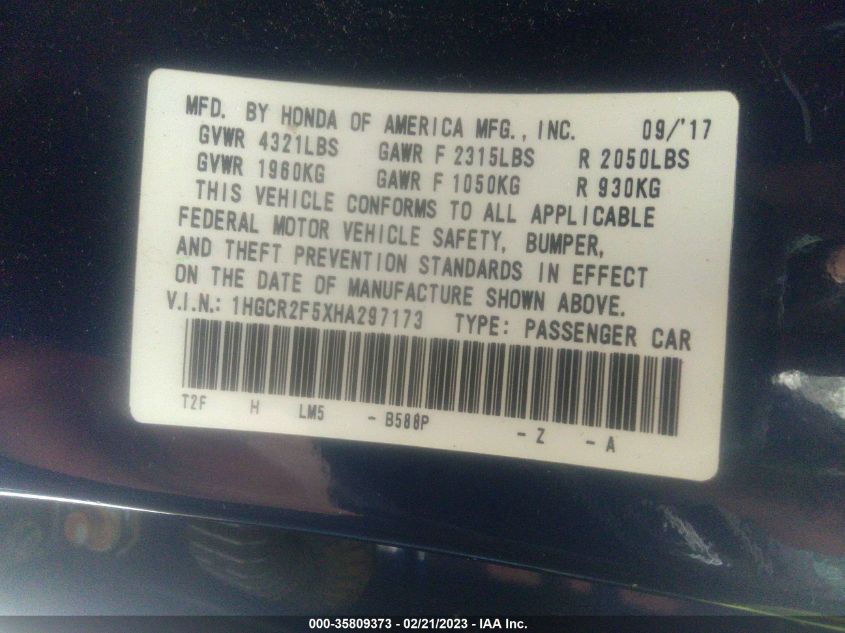2017 HONDA ACCORD SEDAN SPORT - 1HGCR2F5XHA297173