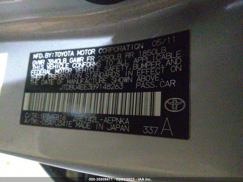 2011 TOYOTA COROLLA VIN: JTDBU4EE3B9148263