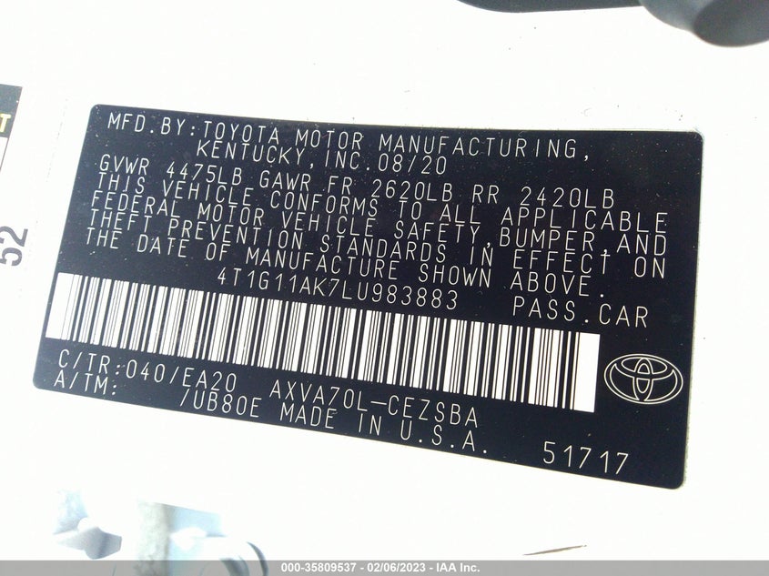 VIN 4T1G11AK7LU983883 2020 TOYOTA CAMRY SE