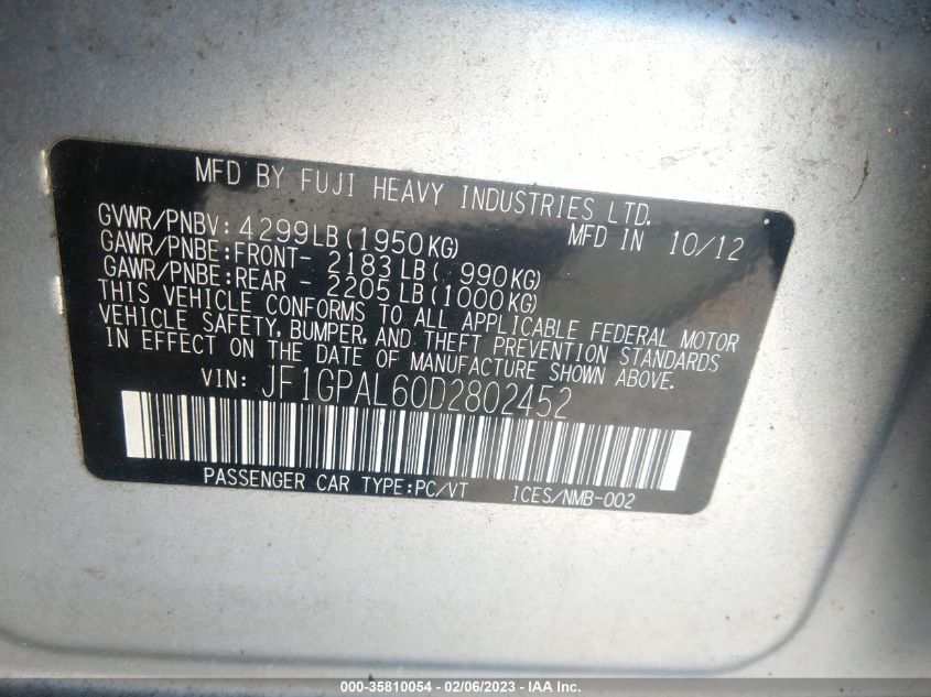 2013 SUBARU IMPREZA WAGON 2.0I SPORT PREMIUM - JF1GPAL60D2802452