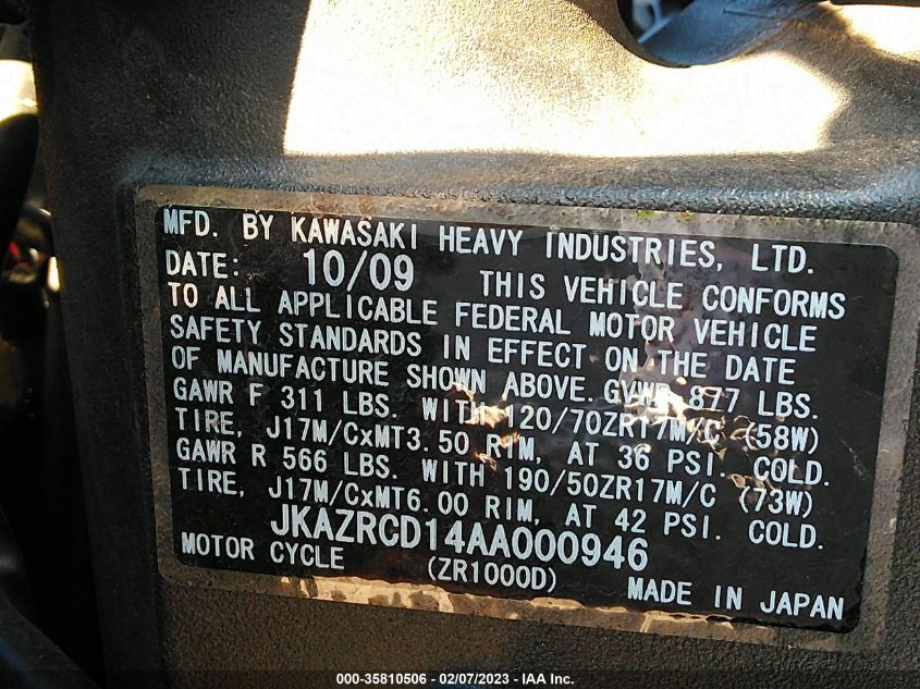 2010 KAWASAKI ZR1000 D JKAZRCD14AA000946