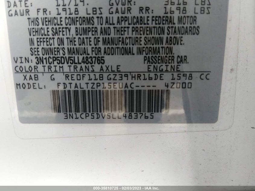 VIN 3N1CP5DV5LL483765 2020 NISSAN KICKS SR