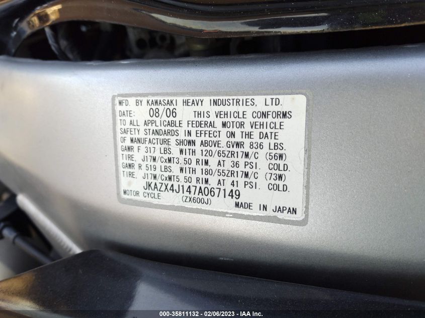 2007 KAWASAKI ZX600 J1 JKAZX4J147A067149