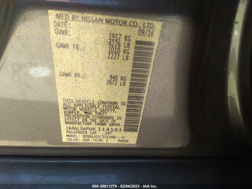 VIN 1N4AL3APXHC114161 2017 NISSAN ALTIMA 2.5 SR