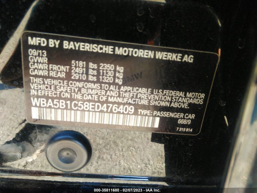2014 BMW 5 SERIES 535I - WBA5B1C58ED476409