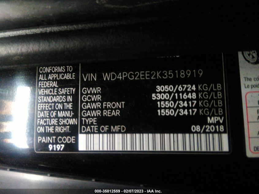 2019 MERCEDES-BENZ METRIS PASSENGER VAN WD4PG2EE2K3518919