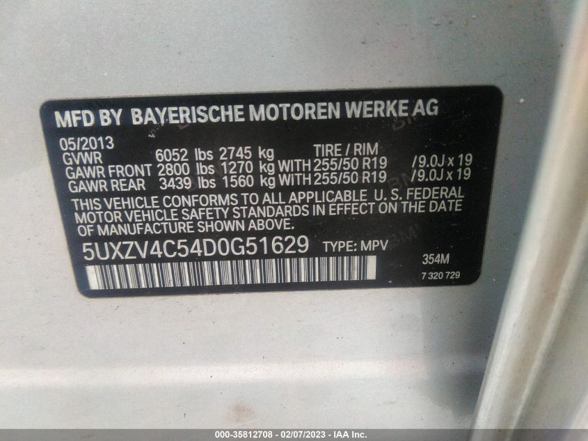 2013 BMW X5 XDRIVE35I 5UXZV4C54D0G51629