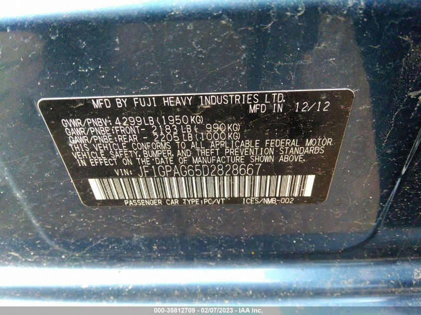 2013 SUBARU IMPREZA WAGON 2.0I LIMITED JF1GPAG65D2828667