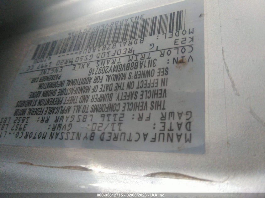 VIN 3N1AB8BV6MY209716 2021 NISSAN SENTRA S